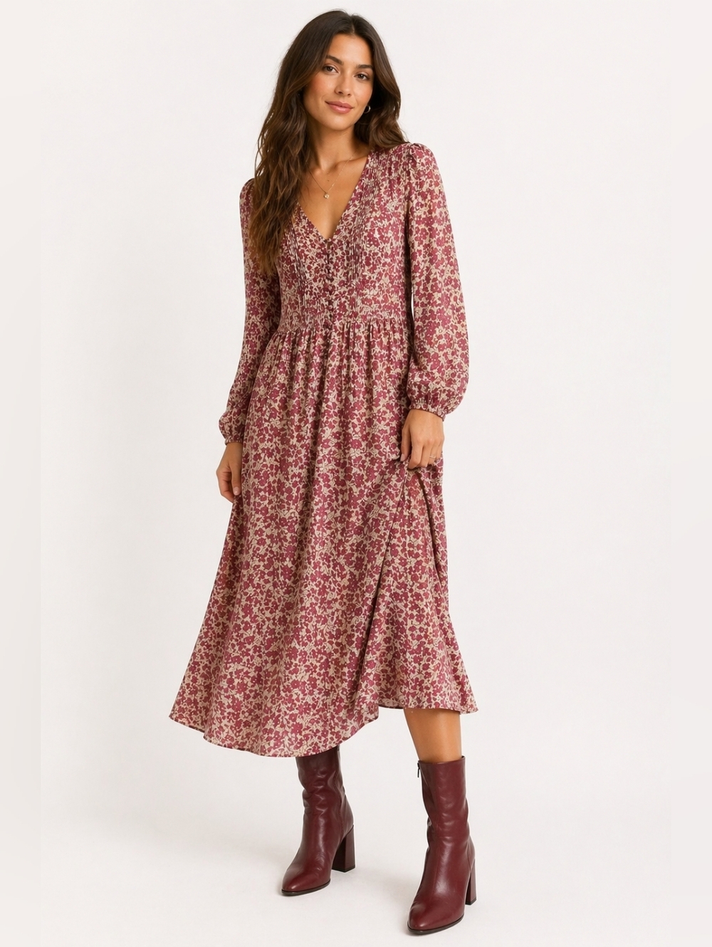 NWT Heartloom Burgundy And Grey Flowy Floral Spring Dress – Size S